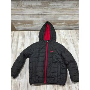 Nike Kids Puffer Jacket Black Red Hooded Zip Up‎ Just Do It Logo Size 3T READ